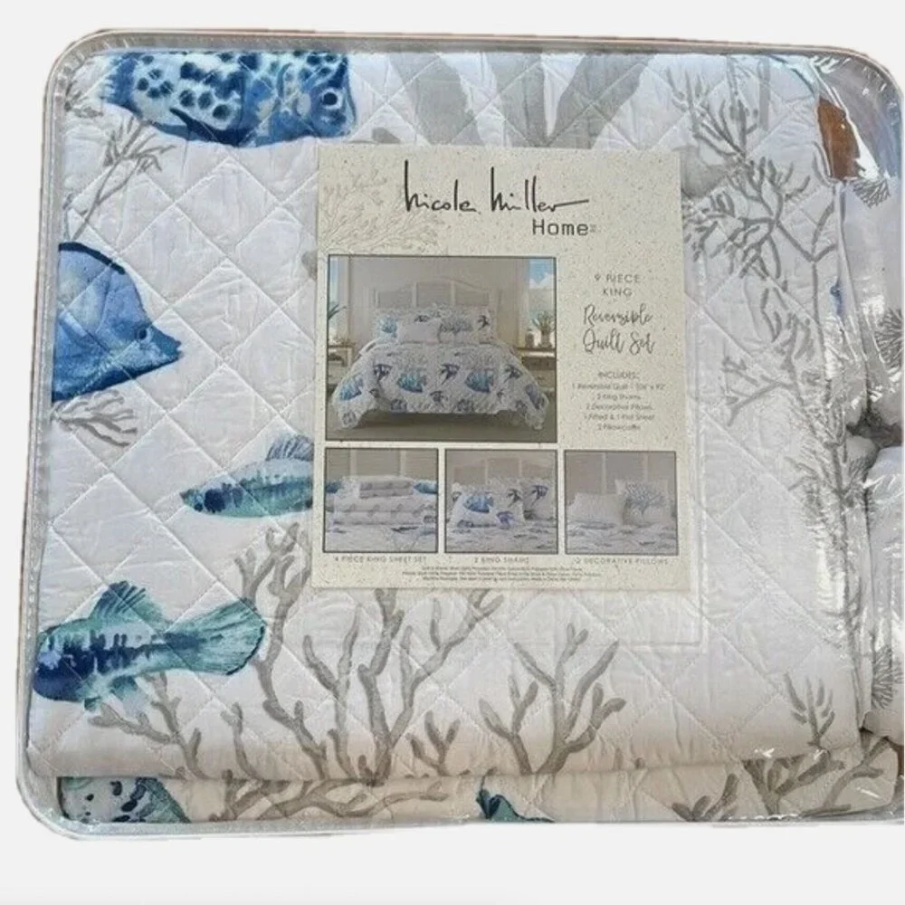 9pc Nicole Miller Blue Fish Coral Ocean QUEEN Quilt Set Sham Sheet Throw Pillow